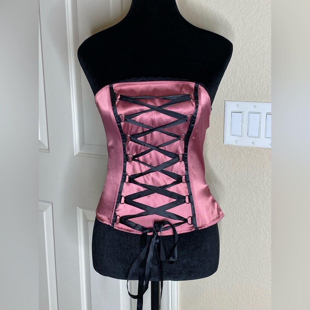 Rose Satin Corset Top with Black Lace-Up NWOT